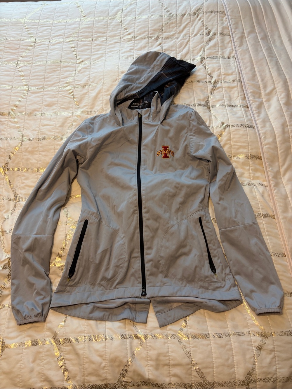 Nike Light Gray Hooded Windbreaker with Black Accents and Team Embroidery